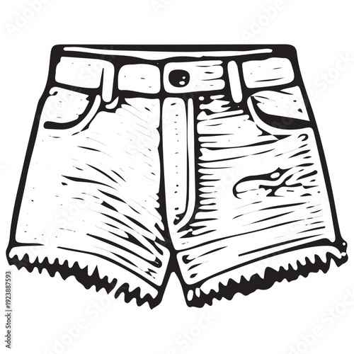 Hand Drawn Denim Shorts Frayed Edge Vintage Sketch