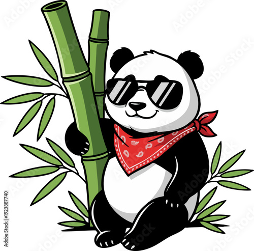 Stylish Panda Wearing Sunglasses Leaning on Green Bamboo