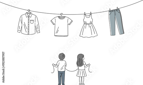 Children Hanging Laundry on Clothesline Minimal Line Art with Shirt Dress and Pants Household Chore Simple Vector Illustration Police Stop