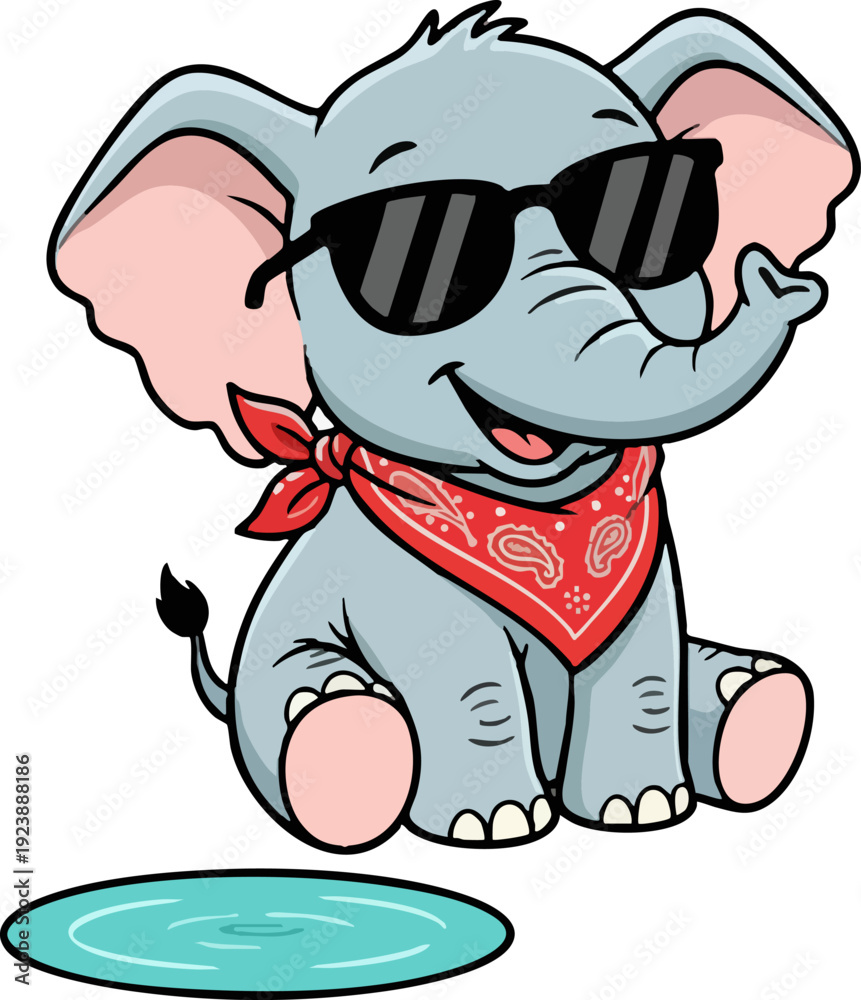 Fototapeta premium Cute Cartoon Baby Elephant with Sunglasses and Bandana
