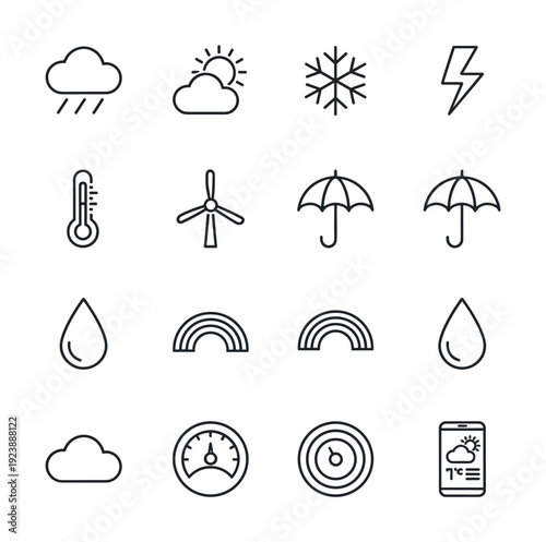 Collection of weather icons including rain, sun, snowflake, lightning, and thermometer