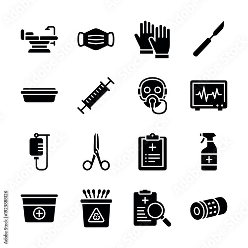 Collection of medical and healthcare icons representing various equipment and supplies