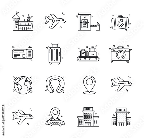 Collection of travel and vacation icons, including airport, airplane, and luggage