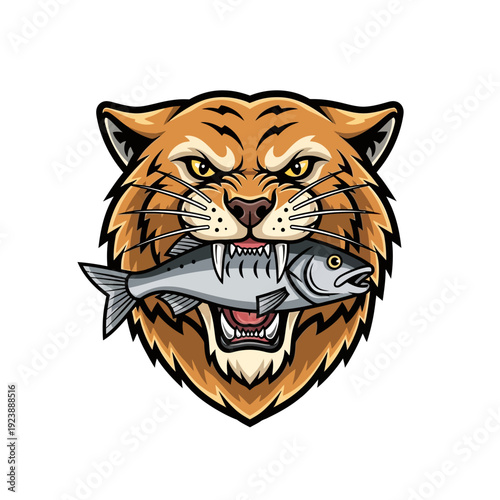Fierce Tiger Head Mascot Biting a Fish, Aggressive Predator, Wildlife Hunter