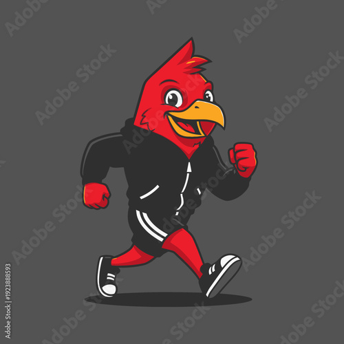 Happy red cardinal bird mascot running in black tracksuit, cartoon style, fitness concept