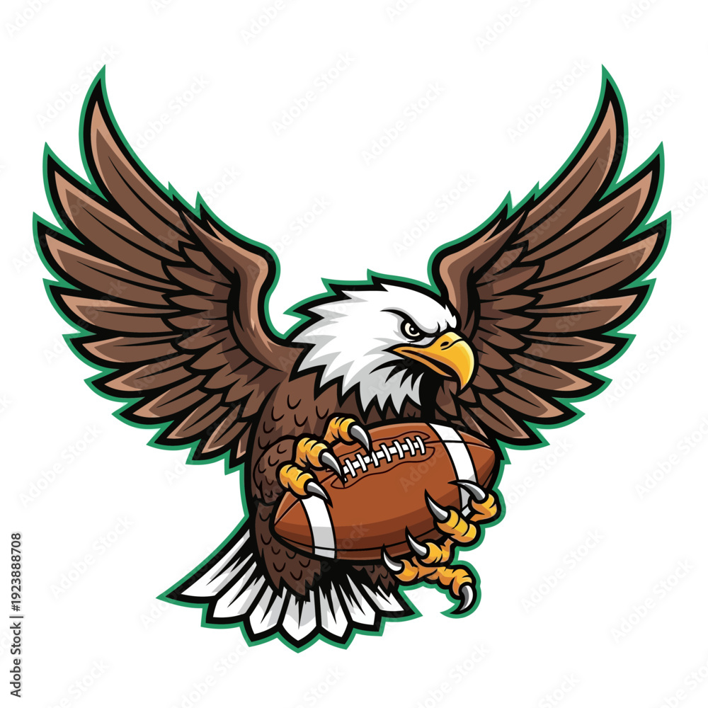 Fototapeta premium Aggressive Eagle Mascot Holding American Football, Sports Team Logo Vector Art