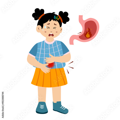Little kid suffering from stomach ache, acid reflux. Gastritis concept vector illustration. 