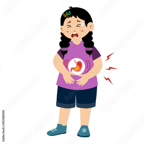 Little kid suffering from stomach ache, acid reflux. Gastritis concept vector illustration. 