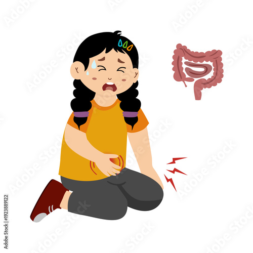 Little kid experiencing pain in her stomach.  Symptoms of poisoning, gastritis, gastroenteritis, dyspepsia. 
