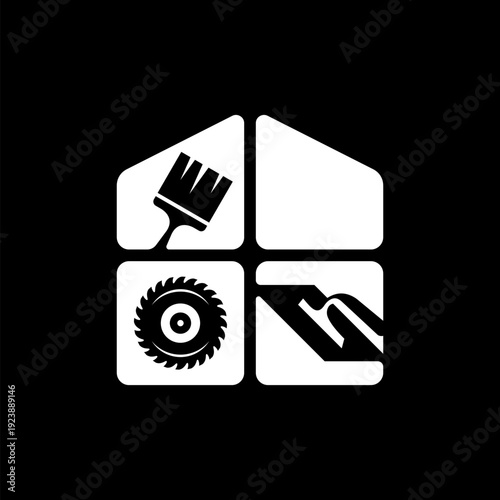 House shaped icon with construction and renovation tools.