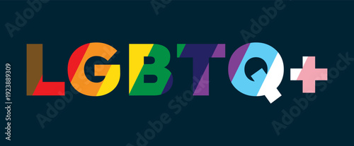 LGBTQ plus acronym with colorful progress flag textures, Inclusive community identity graphic on dark blue background, Bold artistic lettering celebrating diversity and gender equality