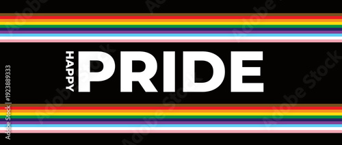 Minimalist pride banner with horizontal rainbow striped borders, clean white typography on a black background for LGBTQ events, elegant inclusive design that celebrates equality and diversity