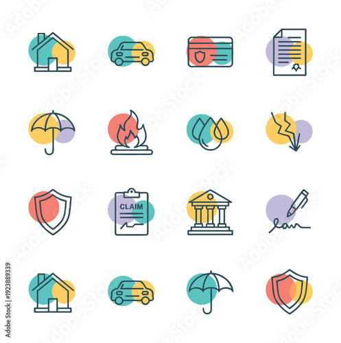 Collection of insurance icons representing various coverage types and protection concepts