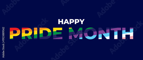 Pride Month text with waving rainbow flag textures, dynamic inclusive celebration banner on navy blue background, creative LGBTQ identity typography for seasonal social awareness