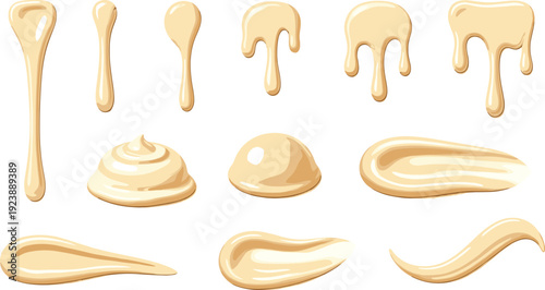 Honey Drip and Cream Liquid Splash Collection with Sweet Caramel Drops Glossy Dessert Topping Elements Flat Vector Illustration Set Police Stop