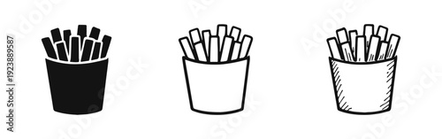 French Fries Icons in Carton. Hand-Drawn Sketch and Outline Potato Chips Symbols for Quick Meals