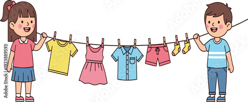 Kids Hanging Clean Laundry on Clothesline Cartoon Characters with Washed Shirt Dress Shorts and Socks Household Chore Flat Vector Illustration Police Stop