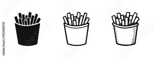 French Fries Icons Set in Cup. Hand-Drawn Sketch and Outline Chips Symbols for Fast Food and Snacks