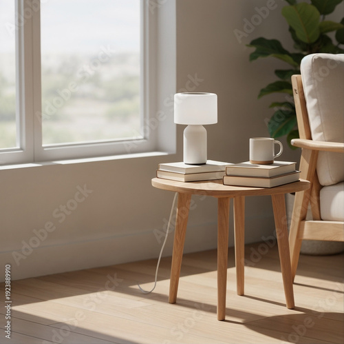 Minimalist interior design featuring a cozy wooden table with a lamp and books by a window.