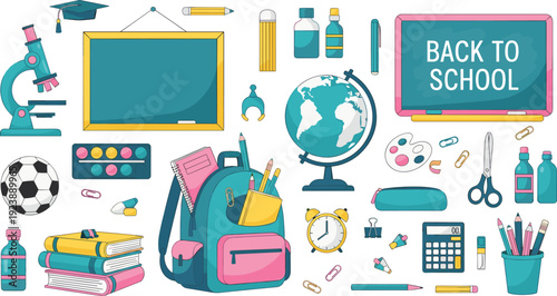 Back to school education supplies collection with backpack globe microscope books chalkboard and stationery vector illustration set
