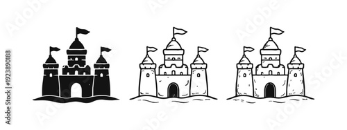 Sandcastle Icons Set. Hand-Drawn Sketch and Outline Sand Castle Symbols for Beach or Summer Design Elements