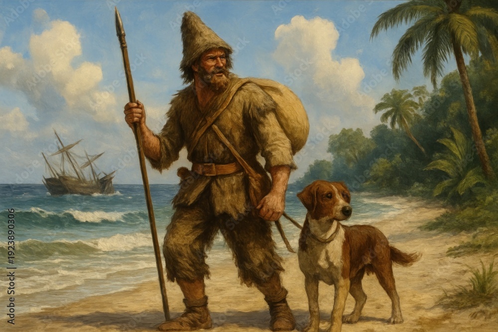 Naklejka premium Adventurous explorer with loyal companion.