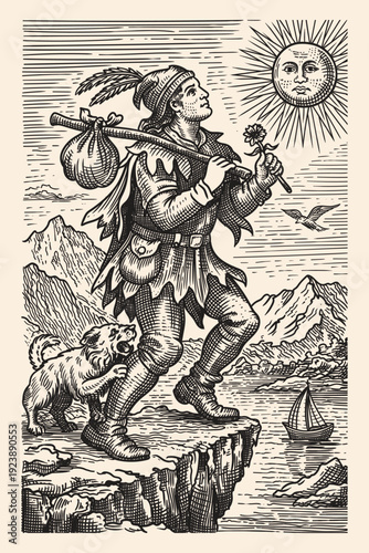 Jester with a backpack and a dog. Drawing in the style of a medieval engraving.
