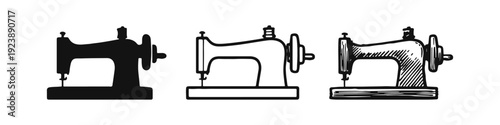 Retro Sewing Machine Icon Set. Crafting and Garment Making Doodle Symbols. Old Fashioned Tool.