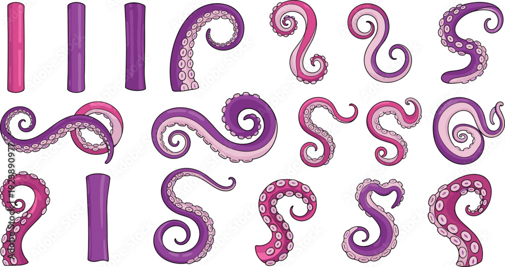 Obraz premium Octopus Tentacle Cartoon Collection with Curled Suction Cup Sea Monster Limbs for Marine Design and Underwater Fantasy Vector Set Police Stop