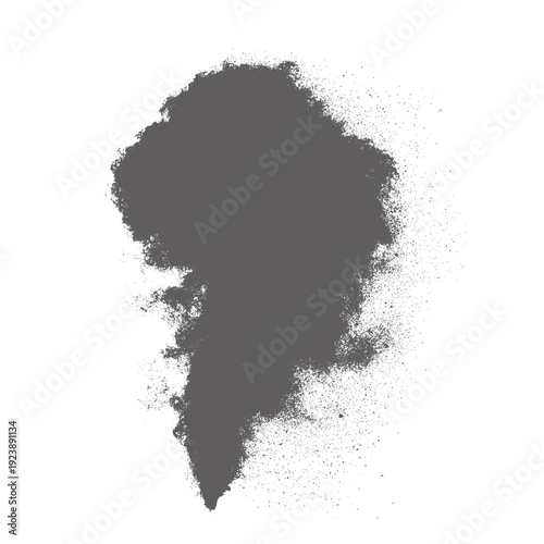 Dark grey smoke plume or powder explosion isolated on white.