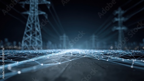 Smartgrid network visualized with glowing transmission lines and digital nodes demonstrating efficiency gains and cybersecurity threats close up tech evolution theme futuristic Overlay control room ba