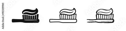 Toothbrush with Toothpaste Icon Set. Oral Hygiene and Dental Care Doodle Symbols. Hand-Drawn Style.