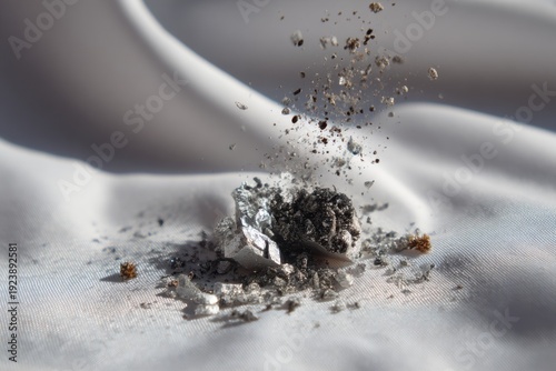Close-up of ash scattered on white cloth surface