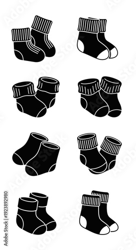Set of Black and White Baby Socks Icons, Cute Newborn Footwear Collection