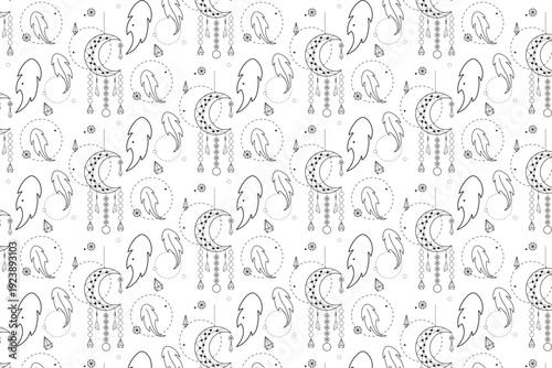 Seamless pattern with dream catchers, feathers in one line style isolated on white background for wrapping, packaging, wallpapers
