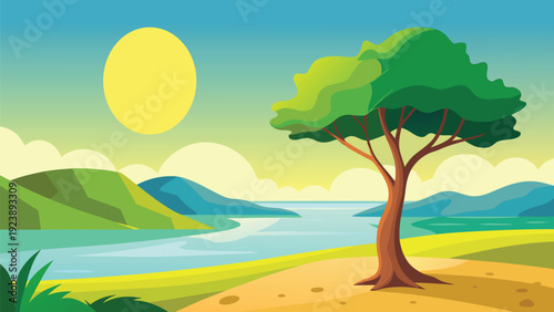 Serene landscape featuring a solitary tree under a bright, cheerful sky