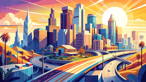 Very beautiful Los Angeles downtown cityscape featuring contemporary glass towers, layered highways, and radiant California sunshine illuminating the vibrant heart of this dynamic West Coast metropoli