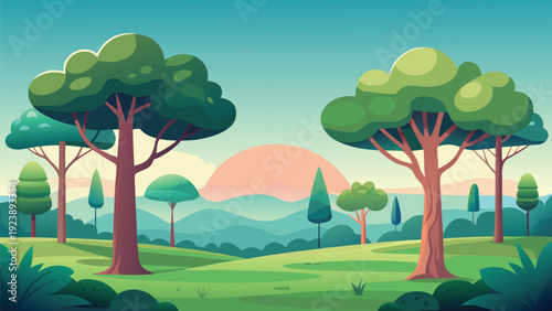 Peaceful forest landscape with vibrant sunset and scattered trees