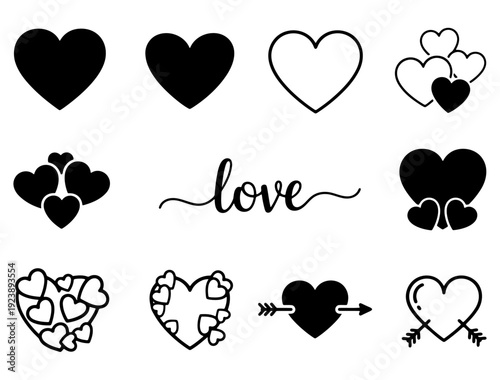 Assortment of various heart shapes and elegant 'love' typography for romantic designs