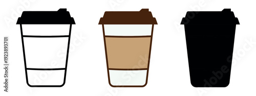Three stylized takeaway cup icons representing hot beverages in outline, brown and white, and solid black silhouette styles.