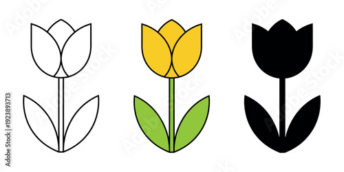 Minimalist yellow tulip icon with two green leaves, featured in linear, flat color, and solid black silhouette styles.