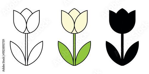 Elegant cream-colored tulip icon set with line art and silhouette versions. Minimalist floral symbols for spring and botanical branding.