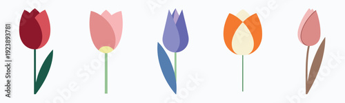 Minimalist abstract tulip icons in soft pastel colors. Stylized floral vector set with clean shapes and modern botanical aesthetic.