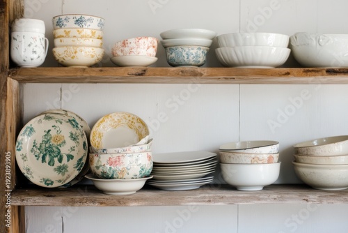 Wallpaper Mural Stack of colorful vintage dishes neatly arranged on rustic wooden shelf Torontodigital.ca