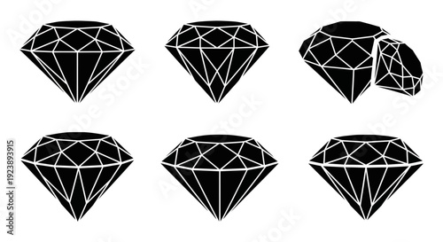 Set of Black Diamond Icons, Gemstone Graphics, Jewelry Design Elements