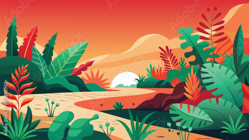 Vibrant sunset over a tropical coastal landscape with rolling hills