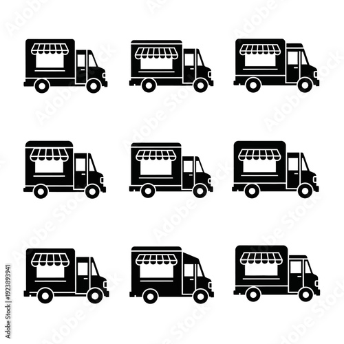 Set of Black Food Truck Icons, Vector Illustrations of Mobile Kitchens