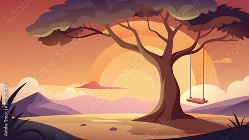 Serene sunset over a mysterious ancient forest landscape