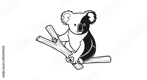 Cute cartoon koala bear mascot illustration design featuring a fun black and white split graphic clinging happily to a tree branch.