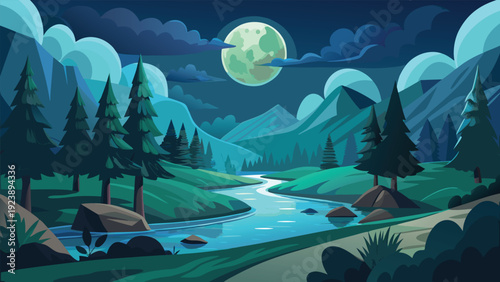 Mystical forest scene with a glowing moon and ancient ruins in the background